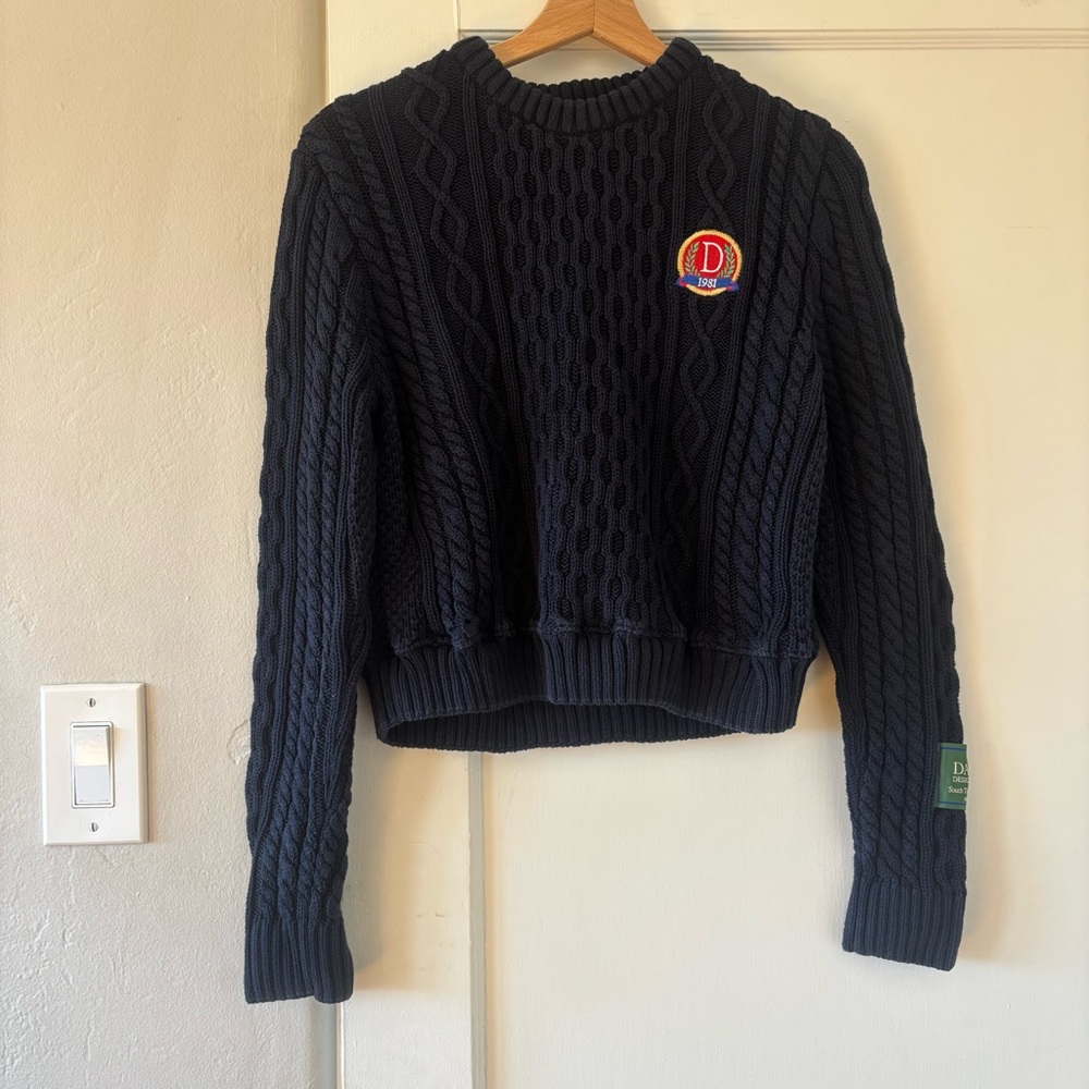 Danzy Cropped Fisherman Sweater Navy Small Cotton
